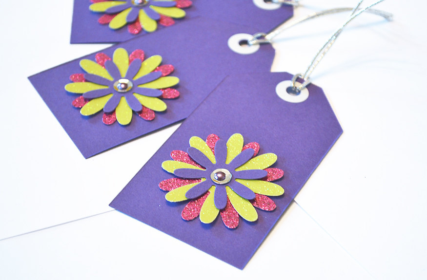 Gift Tags - 6 Plumstastic Purple & Shimmering Lime Green Glitter Paper Flowers with Vintage Sequins