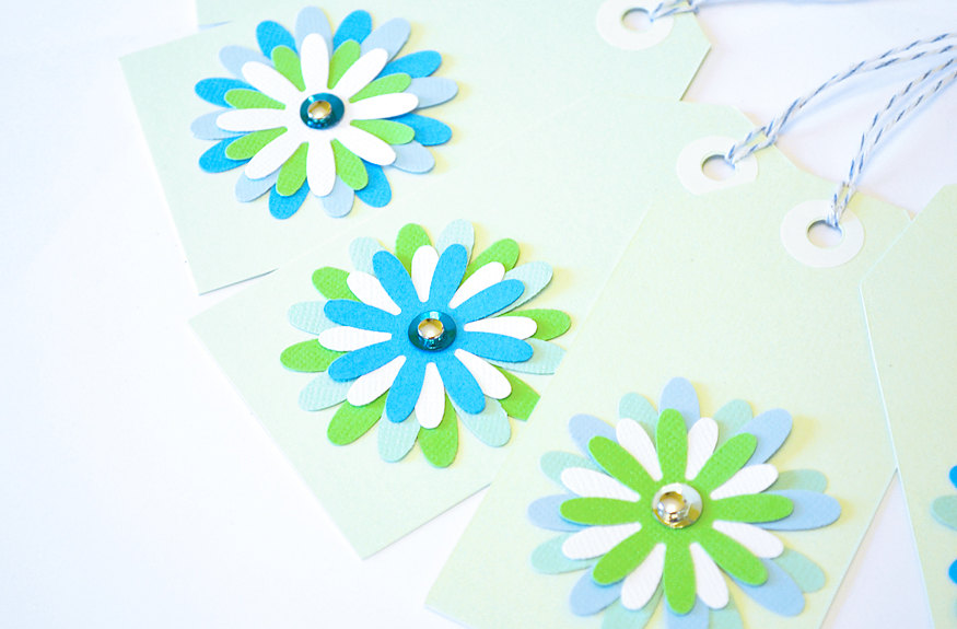 Gift Tags - 6 Pistachio Glitter Paper Flowers with Vintage Sequins
