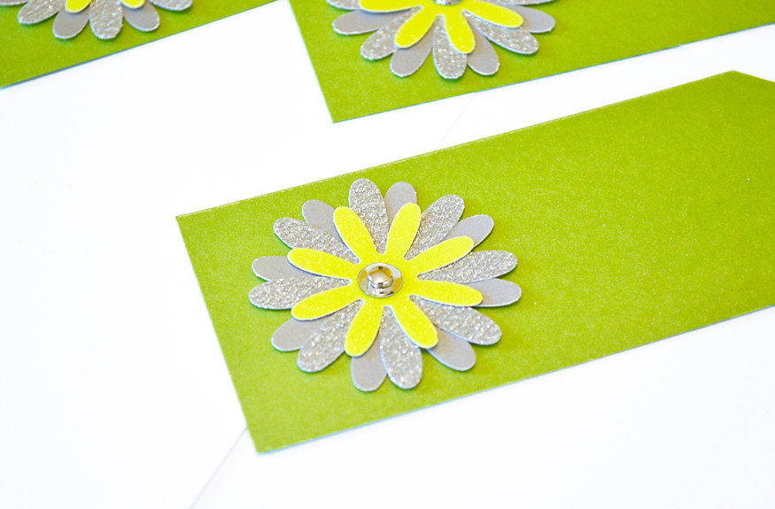 Gift Tags - 6 Olive Green & Silver Glitter Paper Flowers with Vintage Sequins