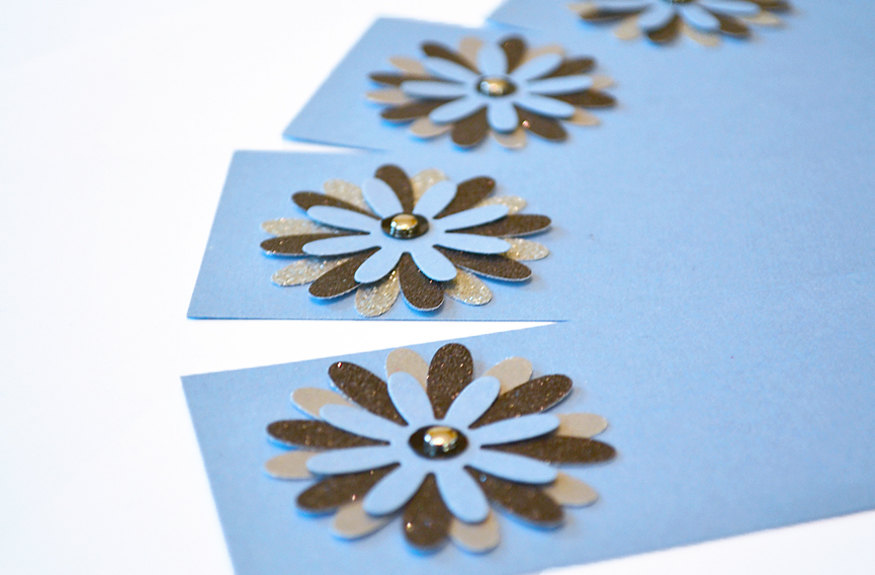 Gift Tags - 6 Sparkling Black & Sapphire Blue Silver Glitter Paper Flowers with Vintage Sequins