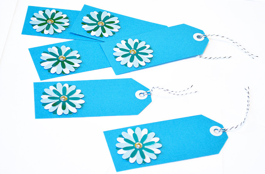 Gift Tags - 6 Aqua & Powder Blue Glitter Paper Flowers with Vintage Sequins