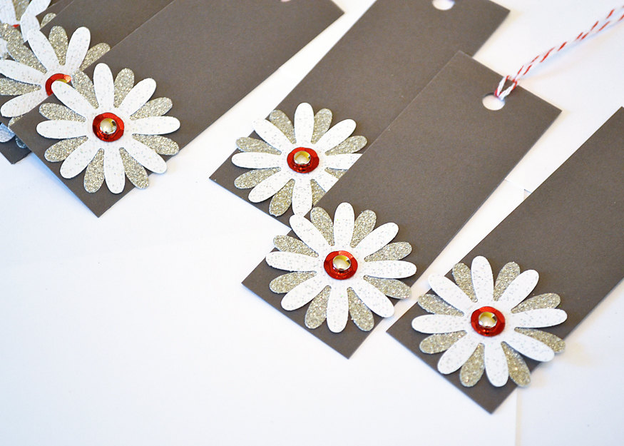 Gift Tags - 6 Mini White Glitter & Silver Glitter Paper Flowers with Vintage Sequins