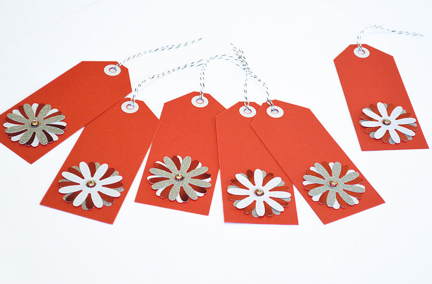 Gift Tags - 6 Brilliant Red & Snow White Glitter Paper Flowers with Vintage Sequins
