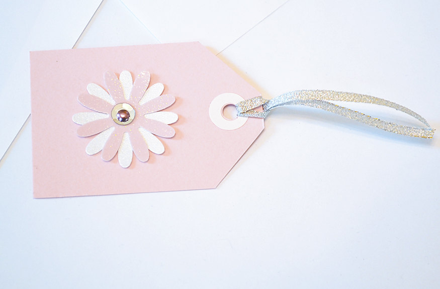 Gift Tags - 6 Pale Pink Glitter Paper Flowers with Vintage Sequins