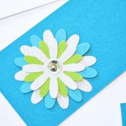 Gift Tags - 6 Tabriz Blue & Bright White Glitter Paper Flowers with Vintage Sequins