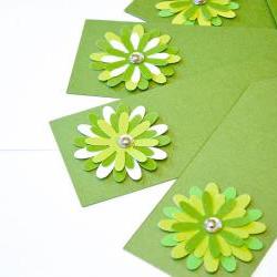 Gift Tags - 6 Shimmery Fairway Green & Chartreuse Glitter Paper Flowers with Vintage Sequins