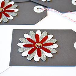 Gift Tags - 6 Star Bright Red & Silver Glitter Paper Flowers with Vintage Sequins