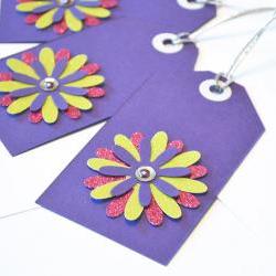 Gift Tags - 6 Plumstastic Purple & Shimmering Lime Green Glitter Paper Flowers with Vintage Sequins