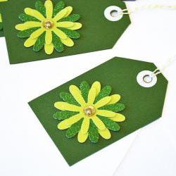 Gift Tags - 6 Grass Green Glitter Paper Flowers with Vintage Sequins