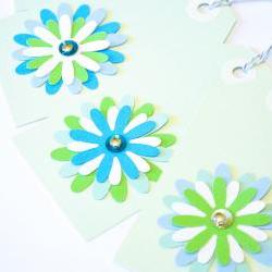 Gift Tags - 6 Pistachio Glitter Paper Flowers with Vintage Sequins