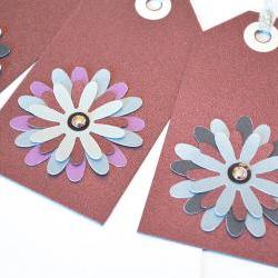 Gift Tags - 6 Sparkling Merlot Glitter Paper Flowers with Vintage Sequins