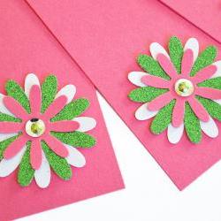 Gift Tags - 6 Hot Pink & Lime Green Glitter Paper Flowers with Vintage Sequins