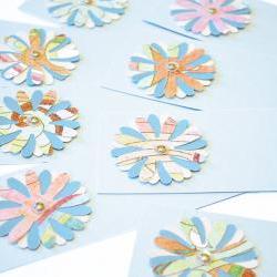 Gift Tags - 6 Aquamarine Shimmering Glitter Paper Flowers with Vintage Sequins