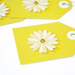 Gift Tags - 6 Chartreuse Glitter Paper Flowers with Vintage Sequins