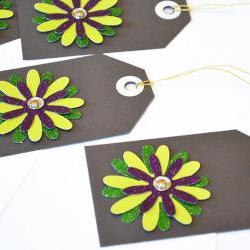 Gift Tags - 6 Lime Green & Purple Glitter Paper Flowers with Vintage Sequins