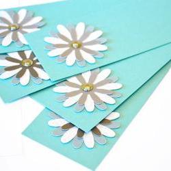 Gift Tags - 6 Shimmering Blue Lagoon & Satin Silver Glitter Paper Flowers with Vintage Sequins
