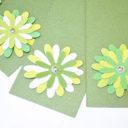 Gift Tags - 6 Shimmering Shamrock Green Glitter Paper Flowers with Vintage Sequins