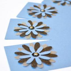 Gift Tags - 6 Sparkling Black & Sapphire Blue Silver Glitter Paper Flowers with Vintage Sequins