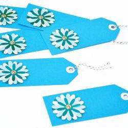Gift Tags - 6 Aqua & Powder Blue Glitter Paper Flowers with Vintage Sequins