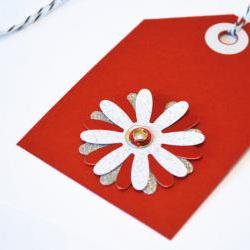Gift Tags - 6 Valentine Red & Silver Glitter Paper Flowers with Vintage Sequins