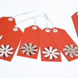 Gift Tags - 6 Brilliant Red & Snow White Glitter Paper Flowers with Vintage Sequins