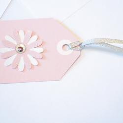 Gift Tags - 6 Pale Pink Glitter Paper Flowers with Vintage Sequins
