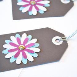 Gift Tags - 6 Baby Blue, Snow White & Magenta Glitter Paper Flowers with Vintage Sequins