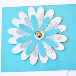Gift Tags - 6 Turquoise & Bright White Glitter Paper Flowers with Vintage Sequins